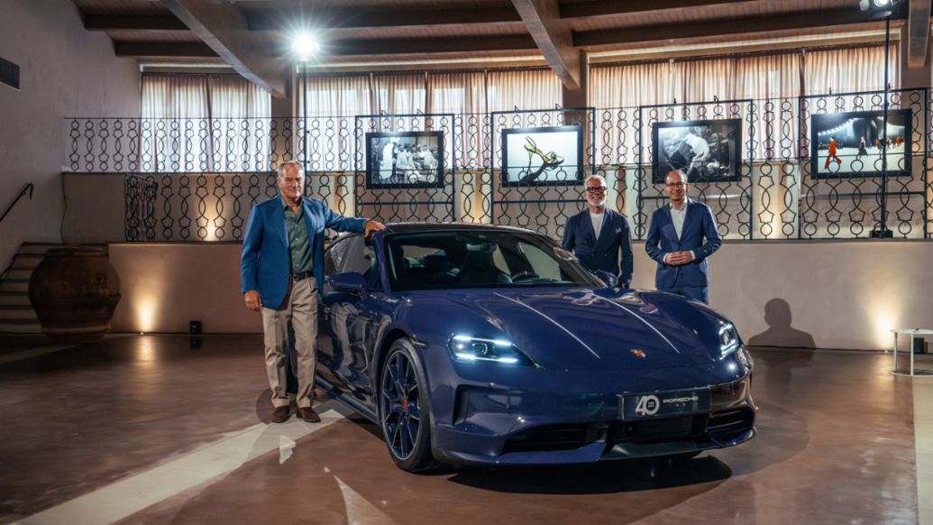 Leonardo Ferragamo, Chairman of Salvatore Ferragamo, Pietro Innocenti, CEO of Porsche Italia, Alexander Fabig, Vice President of Individualization and Classic at Porsche, Taycan 4S, Ferragamo Edition, Porsche Italia, 2025, Porsche AG